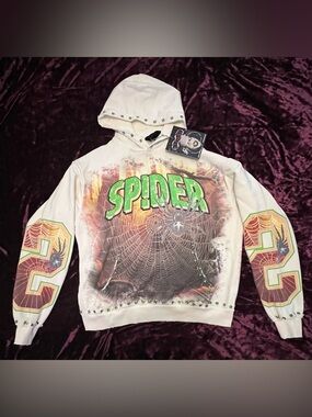 Stray Spider Graphic Rhinestone Cream Pullover Hoodie Men Size S